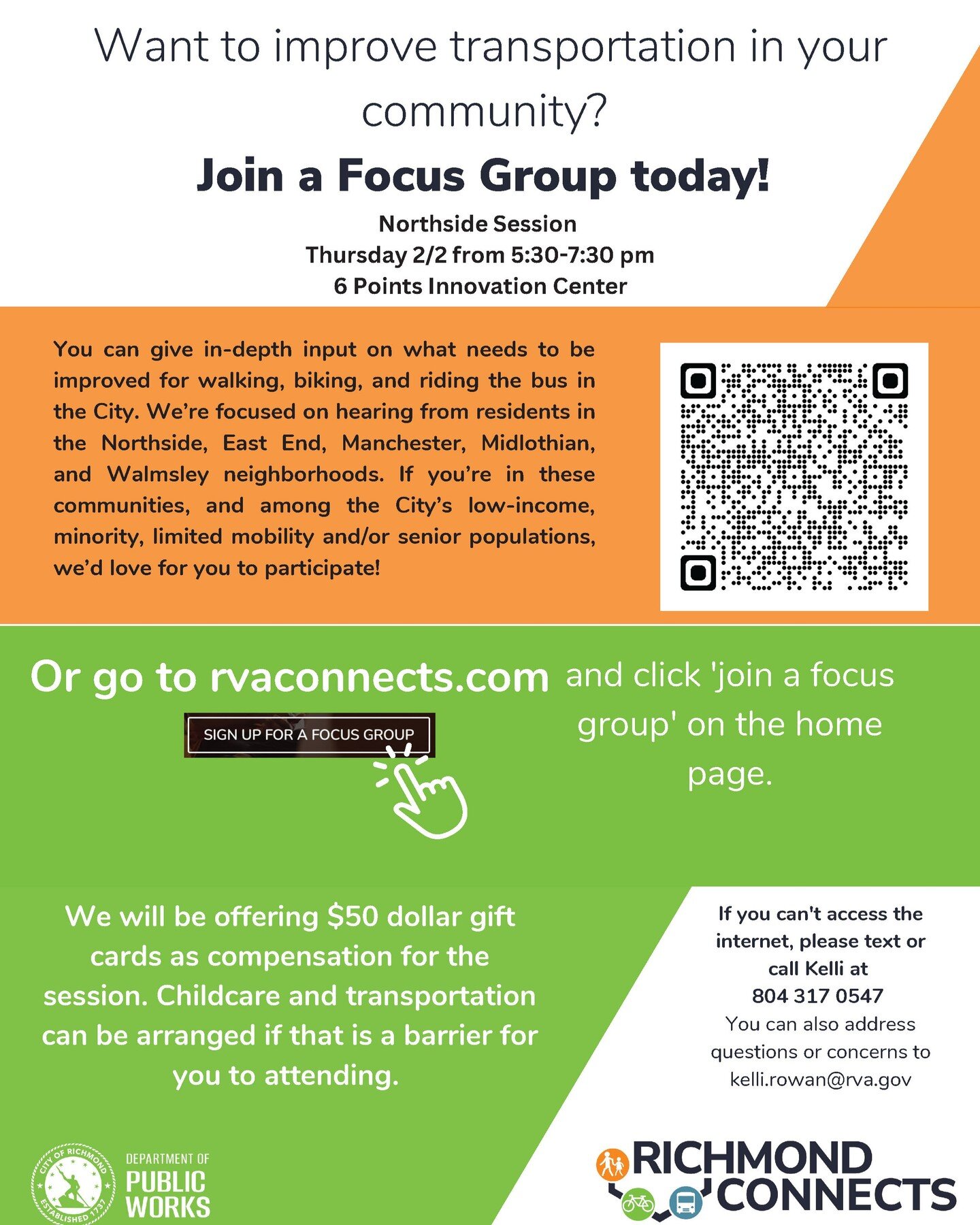 Want to improve transportation in your community?
Join a Focus Group today! 
Northside Session 
Thursday 2/2 from 5:30 - 7:30 pm 
Six Points Innovation Center
$50 dollar gift card as compensation for the session.
Childcare and transportation can b