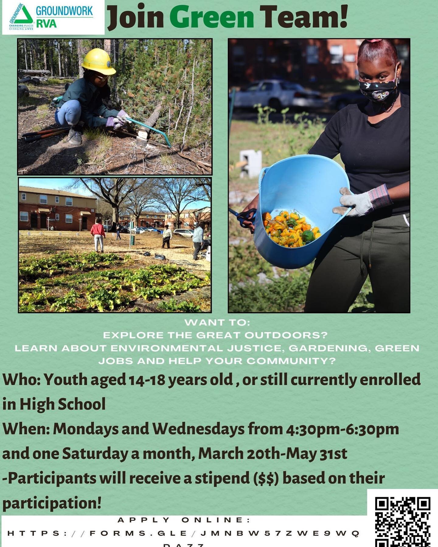 We have a few spots open for this year's Green Team. 
Green Team starts March 20th and runs through May 31st. We will be meeting Mondays and Wednesdays from 4:30-6:30pm.